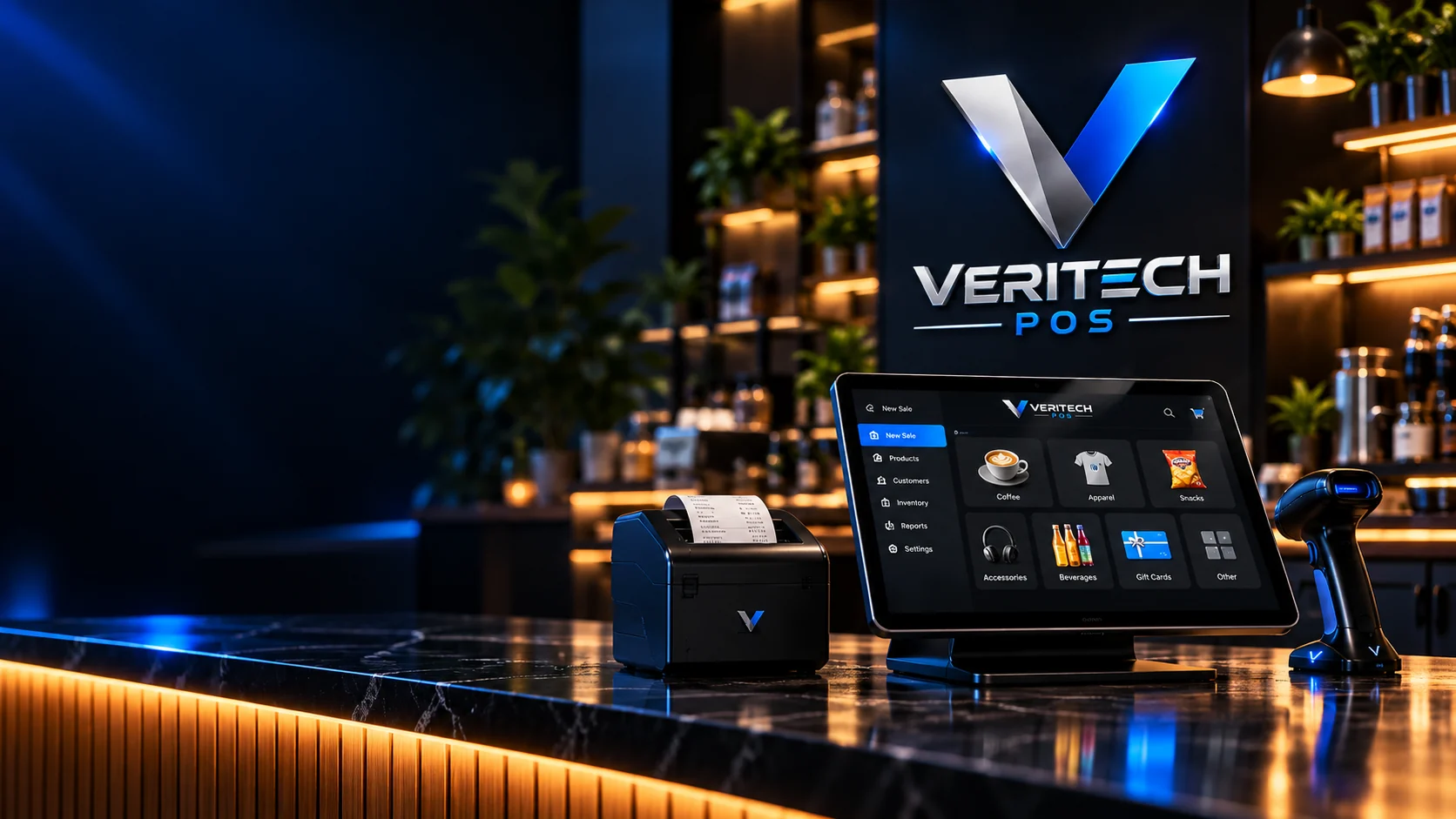 VeriTech POS in a cinematic café interior, with the silver-and-blue V logo above a touchscreen register, receipt printer and barcode scanner